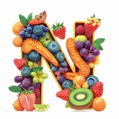 Typography of the letter N crafted from fresh fruit. Fruits and vegetables. Easy to remove background. Creative and healthy concept.