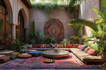 Wall Mural - Moroccan-inspired outdoor lounge with colorful textiles and mosaic accents