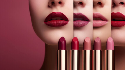 Wall Mural - lipstick advertising banner, wide macro closeup photo of beautiful woman face with red color lipstick applied lips and different color lipsticks 