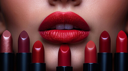 Wall Mural - lipstick advertising banner, wide macro closeup photo of beautiful woman face with red color lipstick applied lips and different color lipsticks 