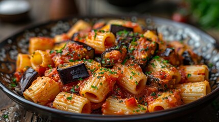 A hearty bowl of pasta topped with chunky pieces of eggplant and sprinkled with parsley