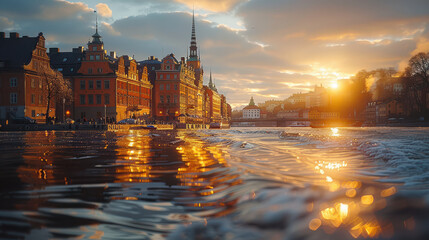 Canvas Print - Stockholm, Sweden europe city in golden hour created with Generative AI technology