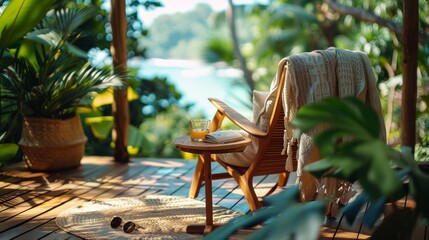 Wall Mural - A chair on a deck with an orange drink and book, AI