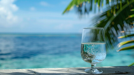 Wall Mural - Glass of water with the caribbean sea in the background