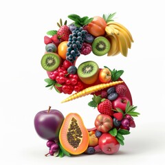 Typography of the number 5 crafted from fresh fruit. Fruits and vegetables. Easy to remove background. Creative and healthy concept.