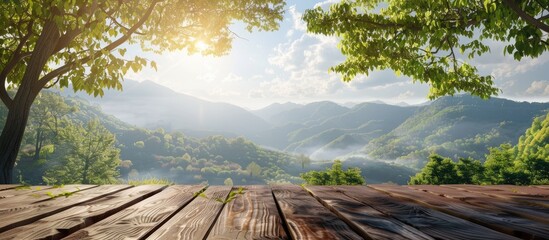 Wall Mural - Ample Space for Your Creativity: Empty Table Against Mountain Scenery with Sunlight, Sky, and Foliage