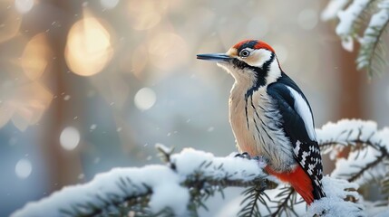 Wall Mural - Woodpecker Perched on a Snowy Branch