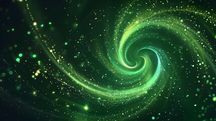 Wall Mural - Green shiny sparks of spiral wave. Curved bright speed line swirls. Shiny wavy path. Rotating dynamic neon circle. Magic golden swirl with highlights. Glowing swirl bokeh effect. 
