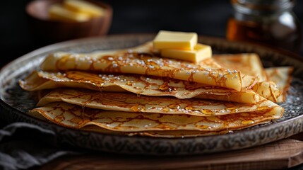 Golden crepes folded with butter slices on top, set on an antique styled plate
