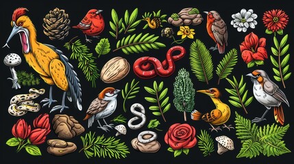 Wall Mural - Detailed Botanical and Fauna Illustration Featuring Birds, Snakes, Leaves, and Flowers in Vibrant Colors on a Black Background
