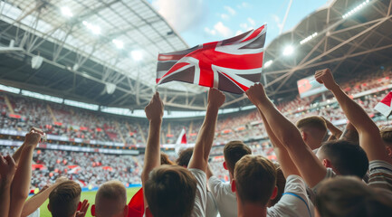 Wall Mural - A crowd of people are holding up a British flag in a stadium, football fans at the championship or cup