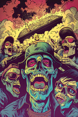 Wall Mural - A poster of a zombie group of people with a skull in the middle