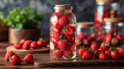 Poster - A jar of strawberries is sitting on a wooden table