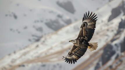 Canvas Print - Majestic Bald Eagle Soaring Against a Snowy Mountain Background