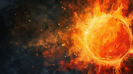 Poster - Vibrant solar explosion captured in a watercolor painting, showcasing intense solar activity and space phenomena.