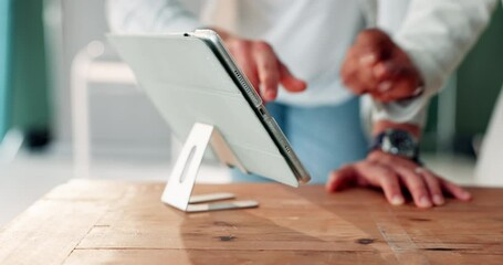 Aufkleber - Business people, tablet and hands for magazine planning in office, collaboration and website for creativity. Employees, project and communication on set for layout design, teamwork and research