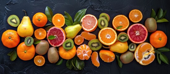 Wall Mural - Assortment of vibrant and diverse tropical fruits. Tangerines, oranges, kiwi, pear, persimmons, and lychee arranged on a black background in a flat lay style.