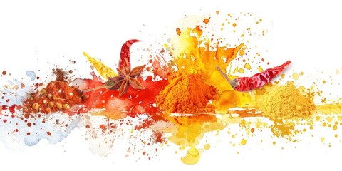 illustration watercolor spices curry, ginger, turmeric on a white background banner
