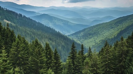 Wall Mural - pine trees blanket the slopes of mountains