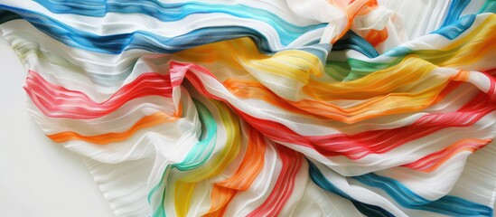 Top view of a crumpled striped beach towel against a white background