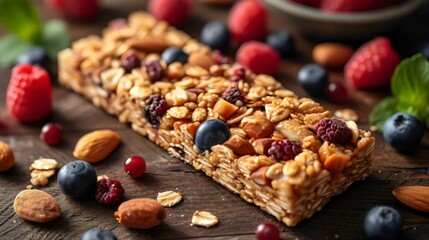 Wall Mural - A bar of granola with blueberries and almonds on a wooden table