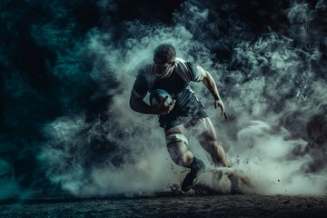 Wall Mural - A rugby player runs through a cloud of smoke during a game, holding the ball tightly