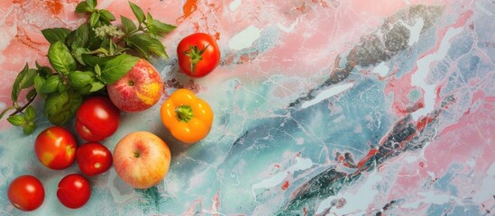 Wall Mural - Fresh and Organic Spring Produce on a Colorful Marble Background