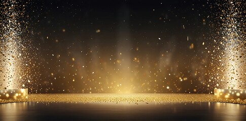 golden confetti rain on festive stage with beam of light in the middle, mockup with copy space for award ceremony, jubilee, new year party