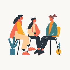 Three young adults sitting chatting casual clothes. Friends conversation modern minimalistic style artwork. Contemporary people sitting interior plant vector illustration