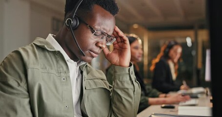 Wall Mural - Burnout, stress and black man with headache in call center for customer service crisis and tired with brain fog. Telemarketing, African guy and temple pain for 404 glitch and client support mistake