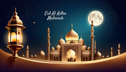 Eid al Adha and Islamic mosque silhouette with a Muslim ornamental hanging lantern. This greeting card has an Islamic celebration background for graphic design vector stock illustration.