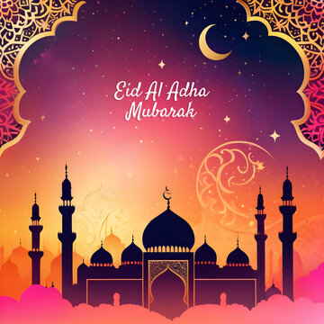 Eid al Adha and Islamic mosque silhouette with a Muslim ornamental hanging lantern. This greeting card has an Islamic celebration background for graphic design vector stock illustration.