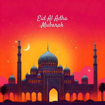 Eid al Adha and Islamic mosque silhouette with a Muslim ornamental hanging lantern. This greeting card has an Islamic celebration background for graphic design vector stock illustration.