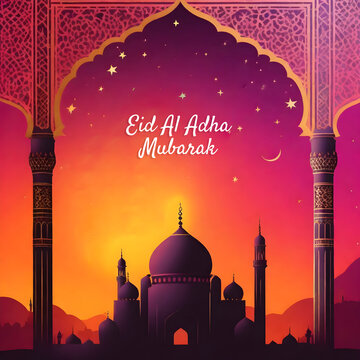 Eid al Adha and Islamic mosque silhouette with a Muslim ornamental hanging lantern. This greeting card has an Islamic celebration background for graphic design vector stock illustration.