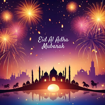 Eid al Adha and Islamic mosque silhouette with a Muslim ornamental hanging lantern. This greeting card has an Islamic celebration background for graphic design vector stock illustration.