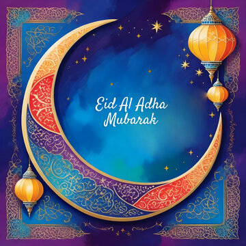 Eid al Adha and Islamic mosque silhouette with a Muslim ornamental hanging lantern. This greeting card has an Islamic celebration background for graphic design vector stock illustration.