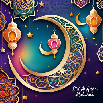 Eid al Adha and Islamic mosque silhouette with a Muslim ornamental hanging lantern. This greeting card has an Islamic celebration background for graphic design vector stock illustration.