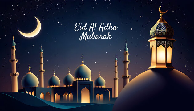 Eid al Adha and Islamic mosque silhouette with a Muslim ornamental hanging lantern. This greeting card has an Islamic celebration background for graphic design vector stock illustration.