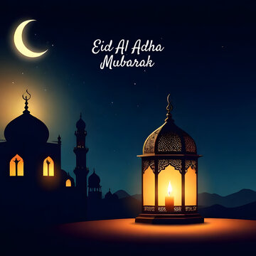 Eid al Adha and Islamic mosque silhouette with a Muslim ornamental hanging lantern. This greeting card has an Islamic celebration background for graphic design vector stock illustration.