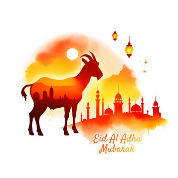 Eid al Adha and Islamic mosque silhouette with a Muslim ornamental hanging lantern. This greeting card has an Islamic celebration background for graphic design vector stock illustration.