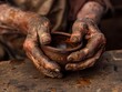 © MP-AI - Close-up of aged hands covered in clay delicately holding a handmade ceramic bowl, emphasizing craftsmanship and tradition.