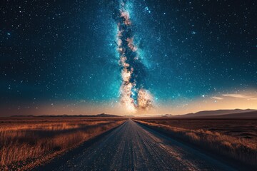 Wall Mural - A road with a long line of stars in the background. The stars are scattered all over the sky, creating a sense of vastness and wonder. The road seems to stretch on forever, leading to a mysterious