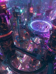 Poster - A futuristic cityscape with neon lights and buildings