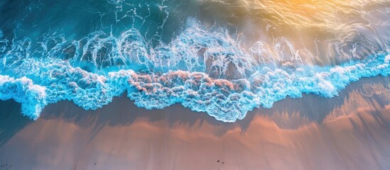 Wall Mural - Engaging and Natural Paraphrased Title: Stunning Aerial View of Bright Sea Waves and Tropical Beach at Sunset