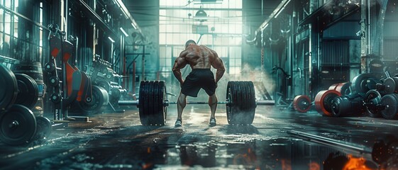 Man lifting heavy weights at gym, showcasing strength and determination, amidst industrial gym equipment and glowing ambiance.