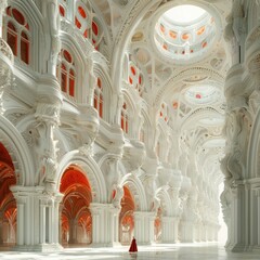 A woman is walking through a large, white building with red accents