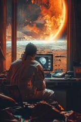 Sticker - The man is looking at the monitor, which is displaying a picture of the planet