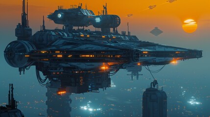 Wall Mural - A futuristic space station with a large ship in the foreground