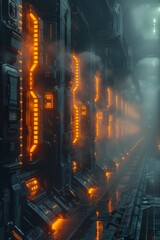 Wall Mural - A futuristic scene with a lot of orange lights and a foggy atmosphere