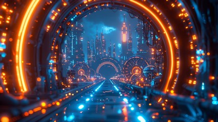 Wall Mural - A futuristic city with a tunnel in the middle